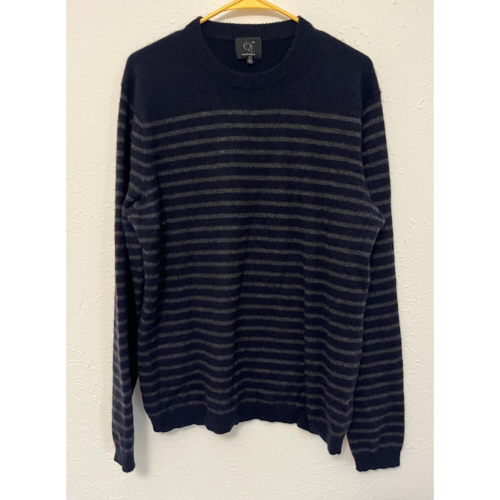 QI Men's Crew Neck Cashmere Sweater Black/Grey Stripes Size XL